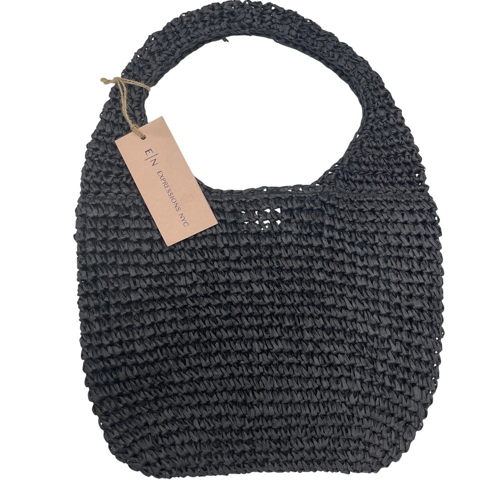 Expressions NYC Black Woven Straw Shoulder Bag Vegan Sustainable Boho Hobo NWT